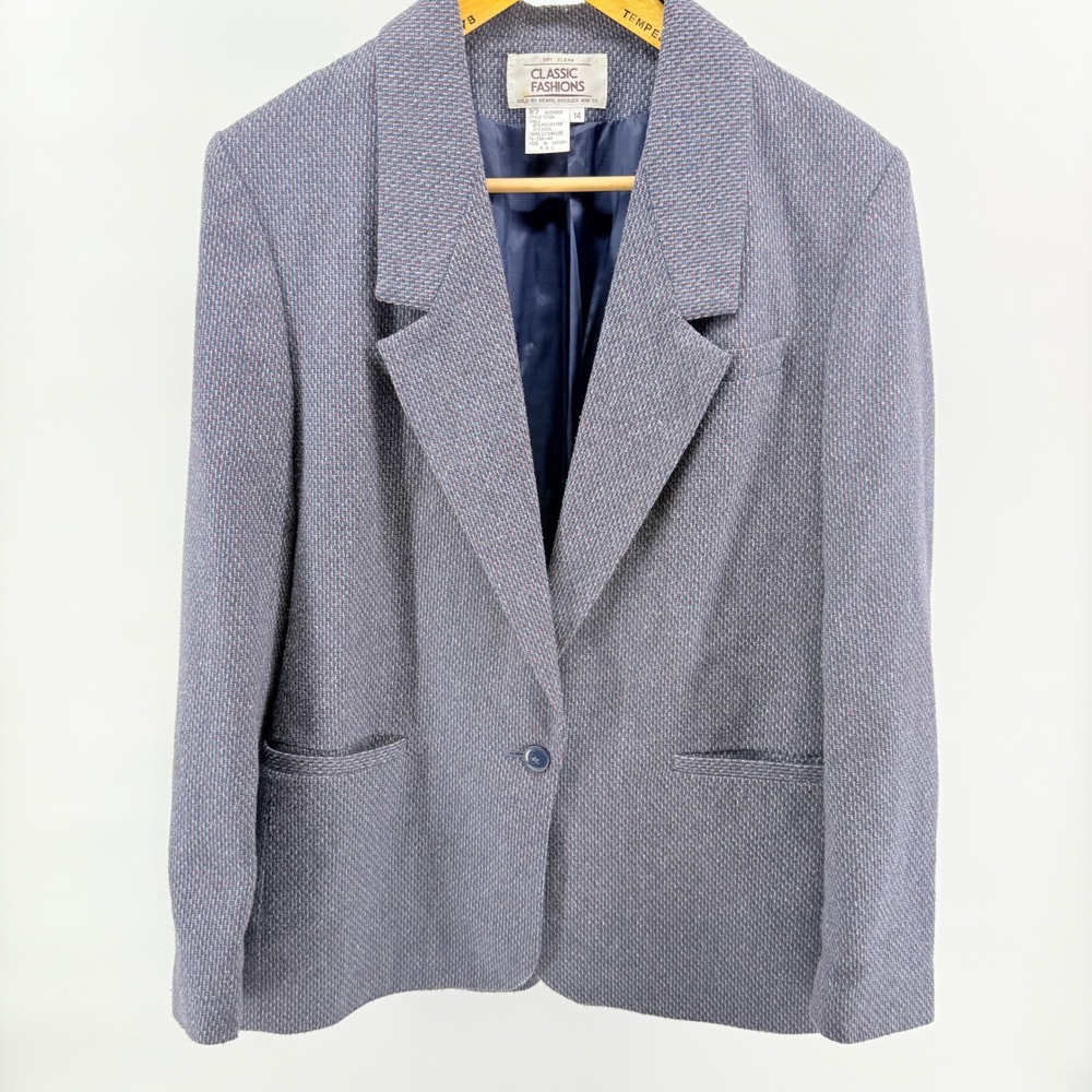 Vtg Classic Fashions Blazer Womens 14 Blue Gray  Wool Blend Career Office‎